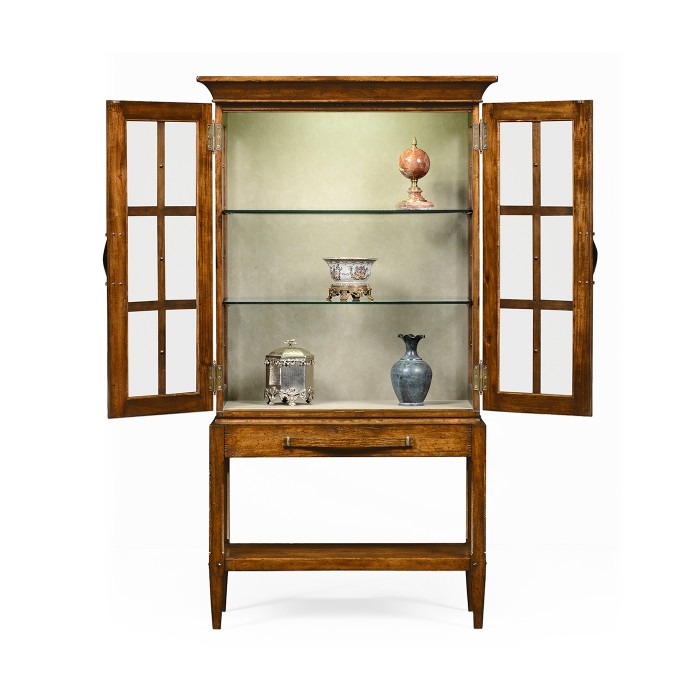 Country Walnut Glazed Display Cabinet with Strap Handles
