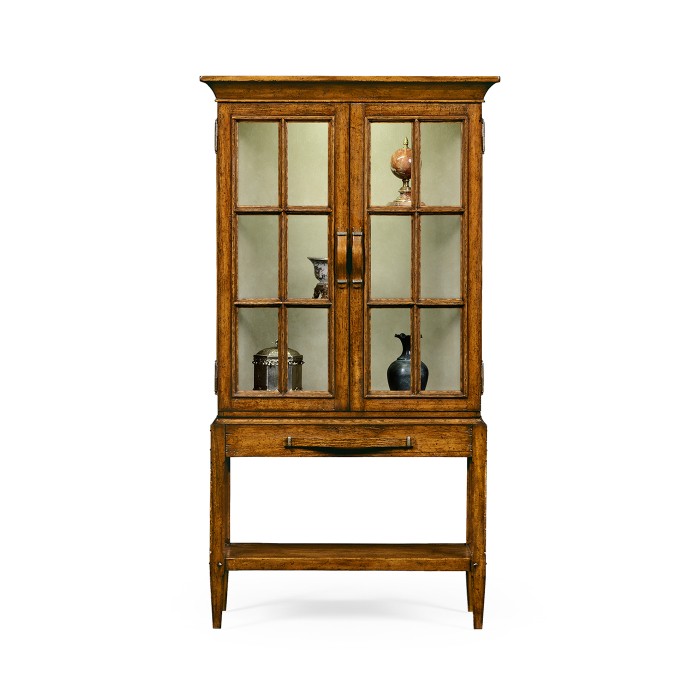 Country Walnut Glazed Display Cabinet with Strap Handles
