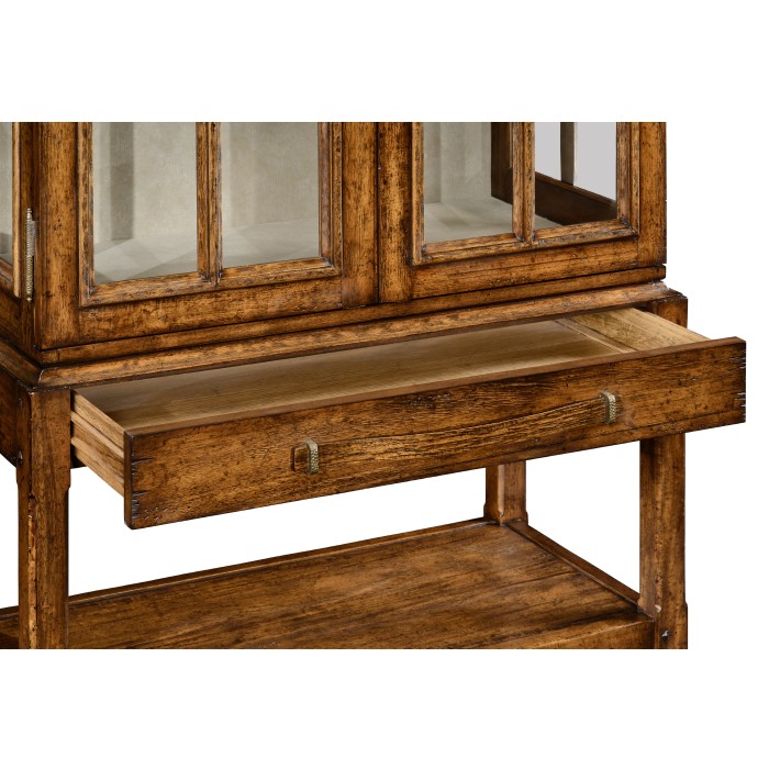 Country Walnut Glazed Display Cabinet with Strap Handles