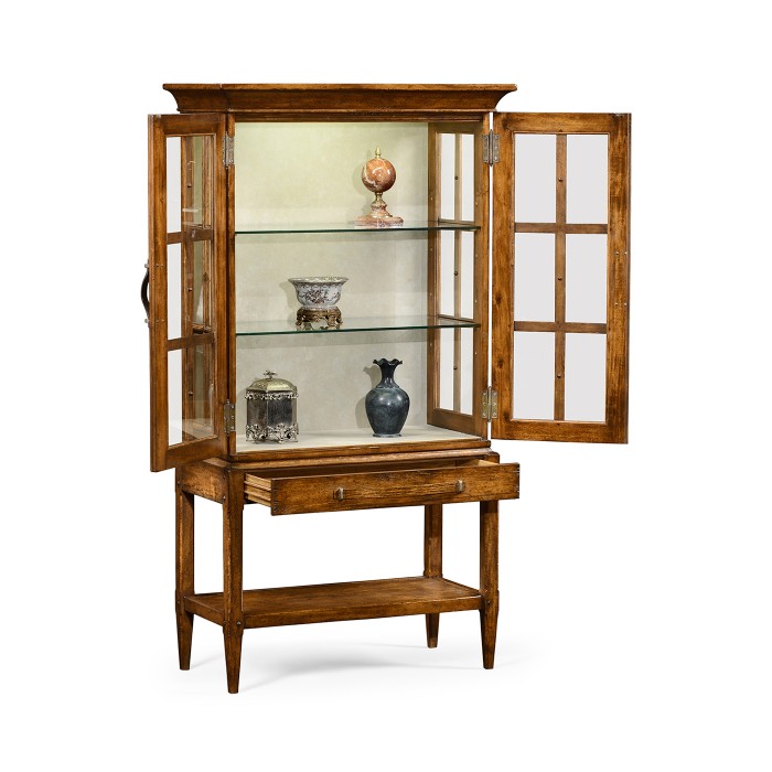 Country Walnut Glazed Display Cabinet with Strap Handles