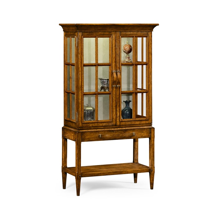 Country Walnut Glazed Display Cabinet with Strap Handles
