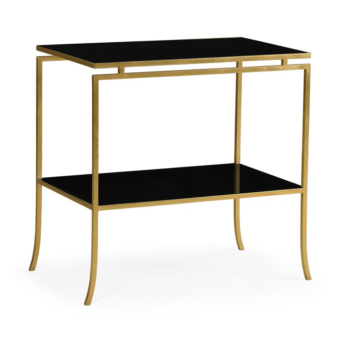 Gilded Iron Rectangular Side Table with A Black Glass Top