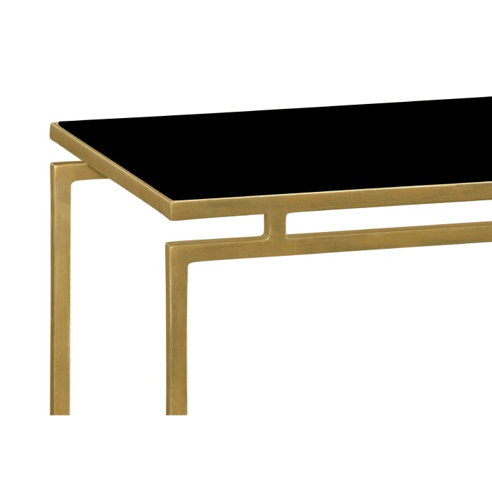Gilded Iron Large Console Table with A Black Glass Top