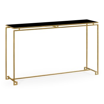 Gilded Iron Large Console Table with A Black Glass Top