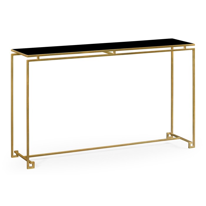 Gilded Iron Large Console Table with A Black Glass Top