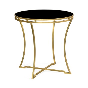 Gilded Iron Round Side Table with A Black Glass Top
