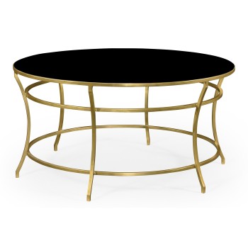 Gilded Iron Round Coffee Table with A Black Glass Top