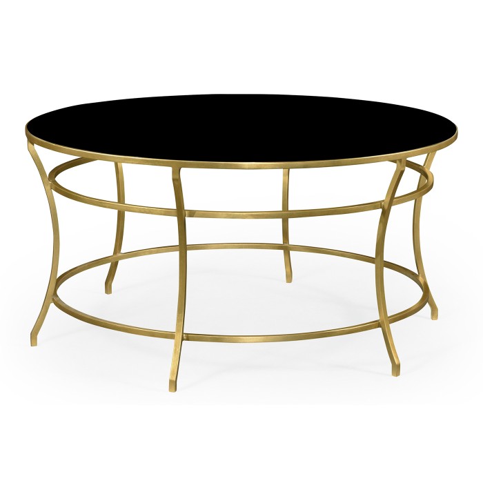 Gilded Iron Round Coffee Table with A Black Glass Top