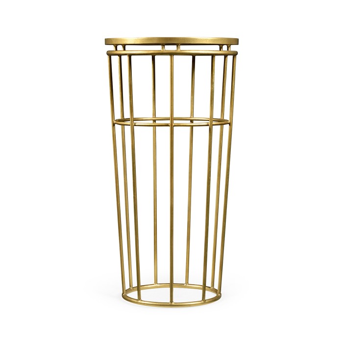 Gilded Iron Round End Table with Black Glass Top