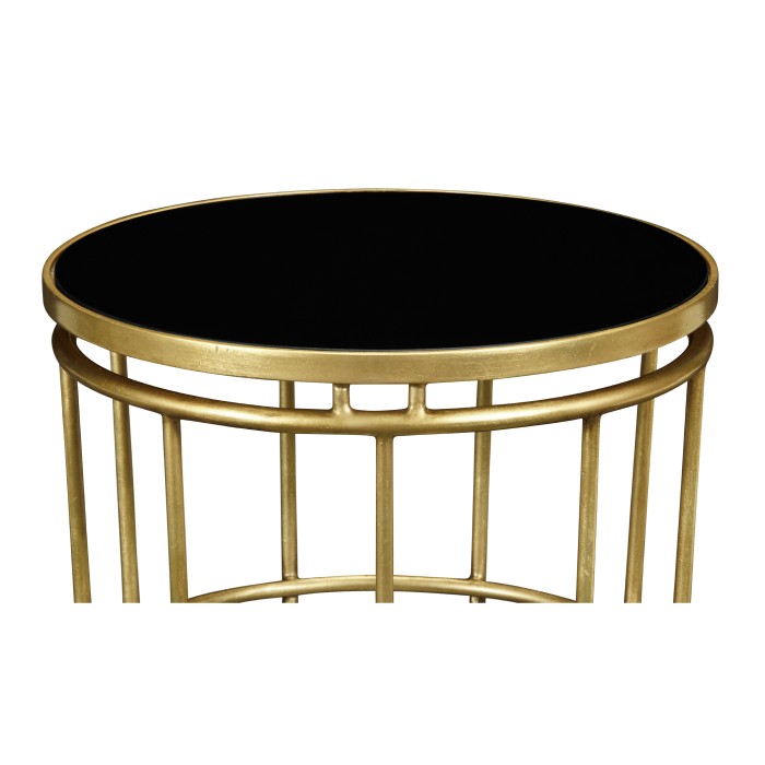 Gilded Iron Round End Table with Black Glass Top