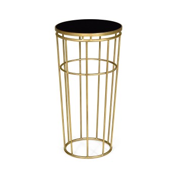 Gilded Iron Round End Table with Black Glass Top