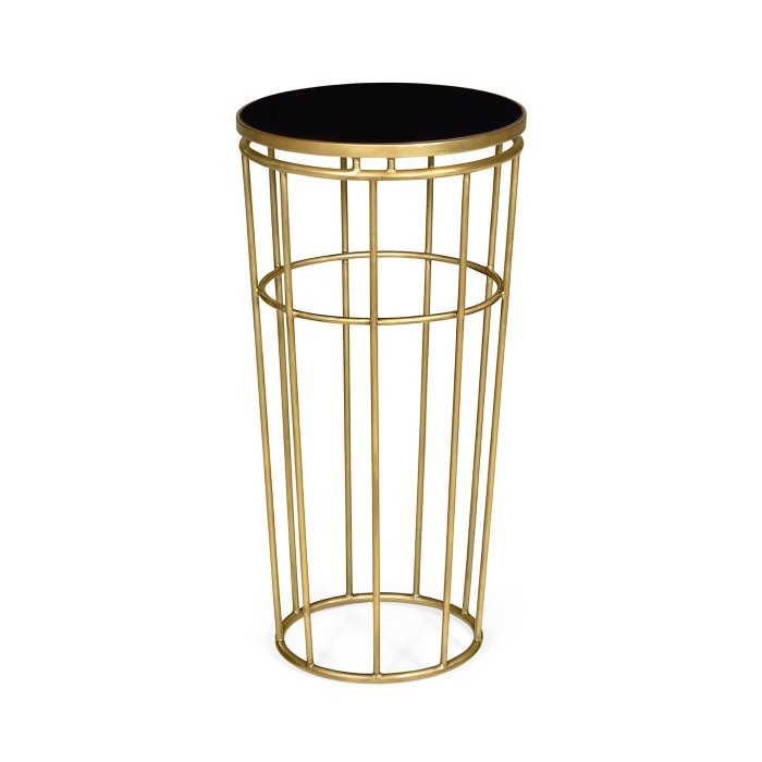 Gilded Iron Round End Table with Black Glass Top