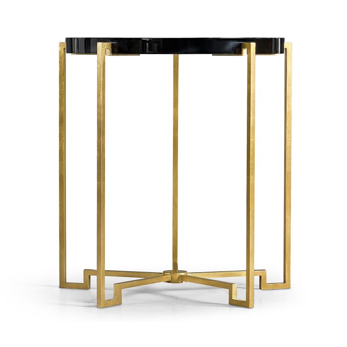 Gilded Iron Round Lamp Table with Smoky Black Top