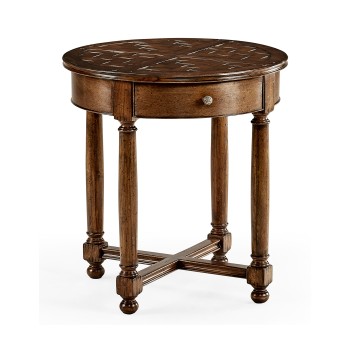 Round parquet topped side table
