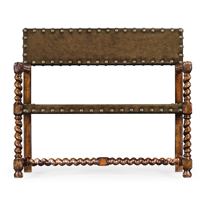 Tudor Style Walnut Bench with Antique Chestnut Leather