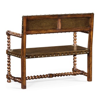Tudor Style Walnut Bench with Antique Chestnut Leather