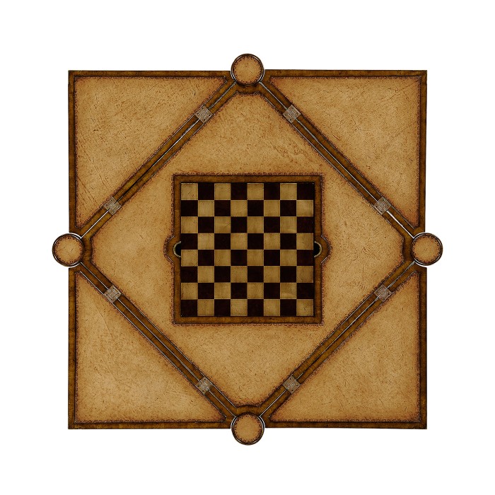 Walnut Leather Games Table with Geometric Inlays