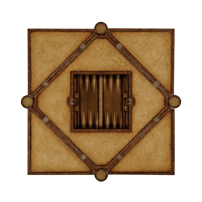 Walnut Leather Games Table with Geometric Inlays