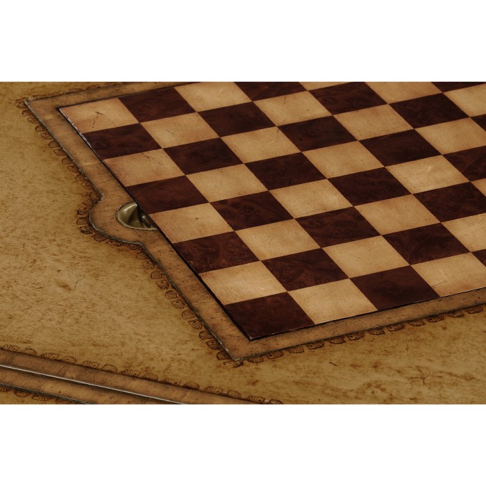 Walnut Leather Games Table with Geometric Inlays