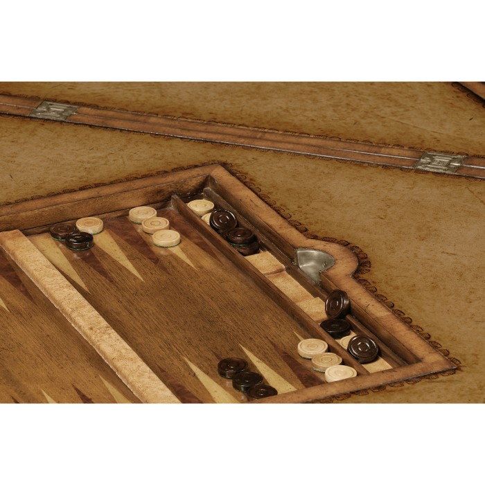 Walnut Leather Games Table with Geometric Inlays
