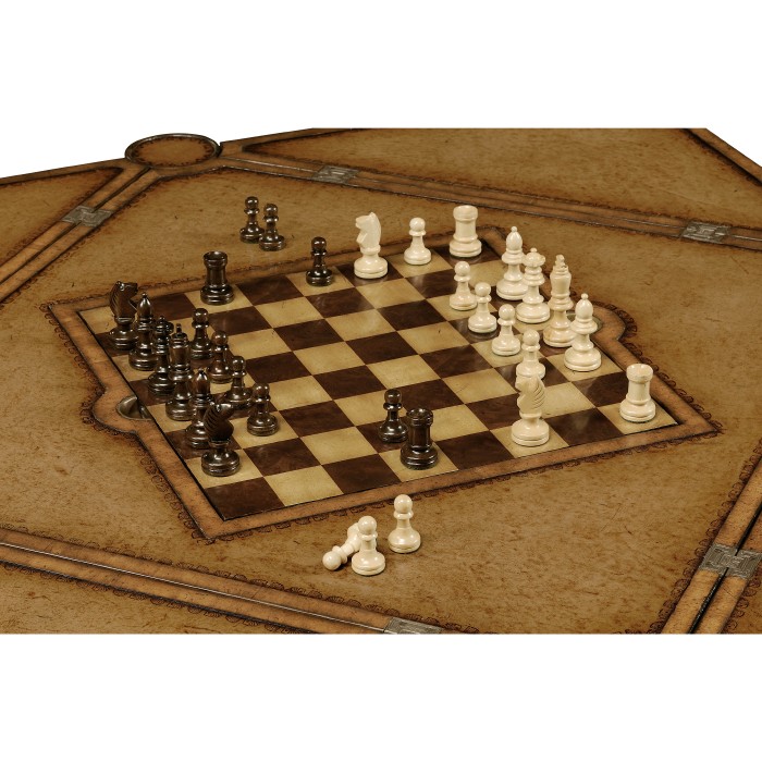 Walnut Leather Games Table with Geometric Inlays