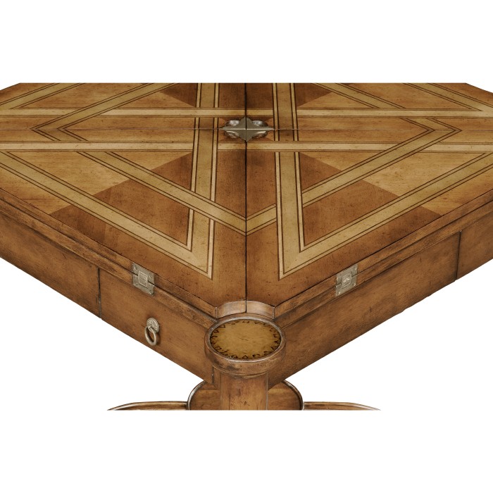 Walnut Leather Games Table with Geometric Inlays
