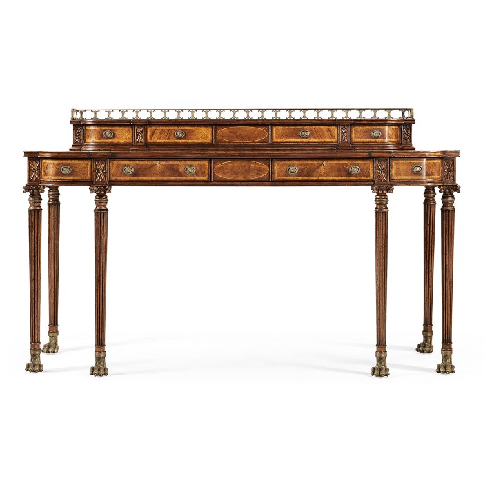Crotch walnut buffet or serving table with brass gallery