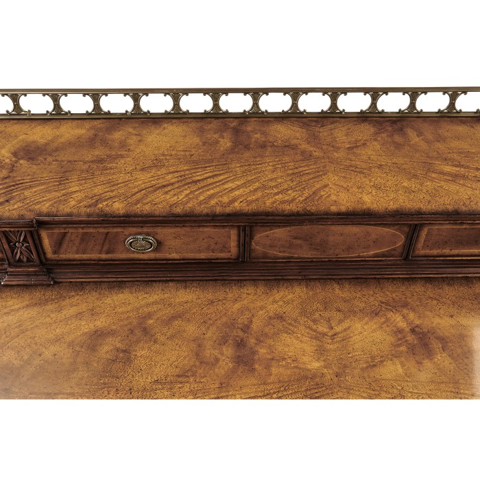 Crotch walnut buffet or serving table with brass gallery