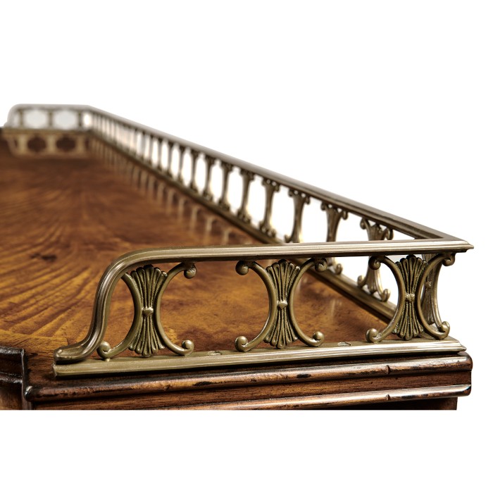 Crotch walnut buffet or serving table with brass gallery