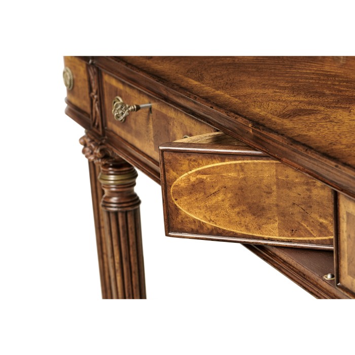 Crotch walnut buffet or serving table with brass gallery
