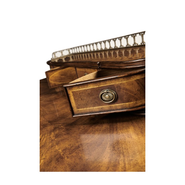 Crotch walnut buffet or serving table with brass gallery