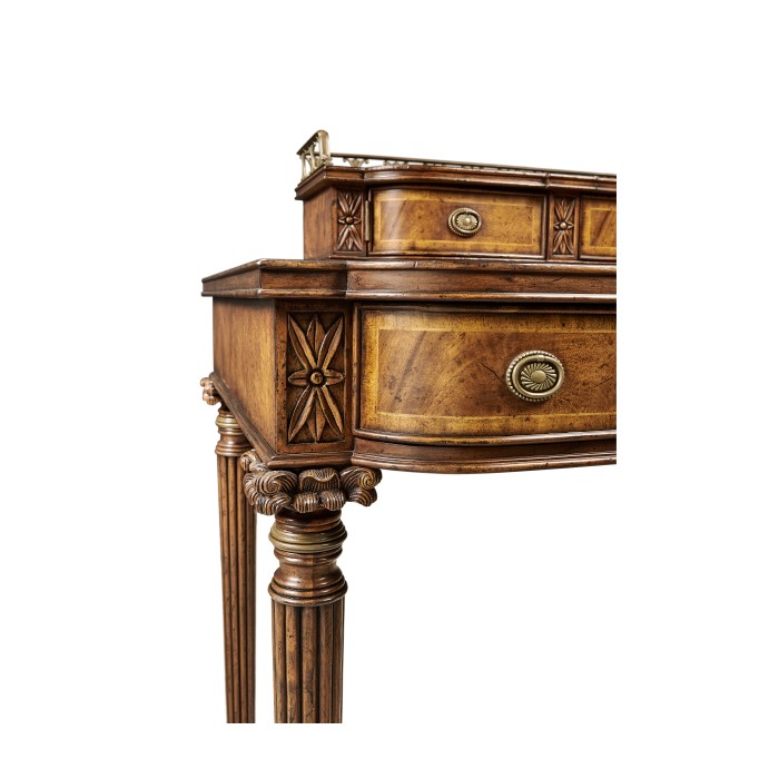 Crotch walnut buffet or serving table with brass gallery