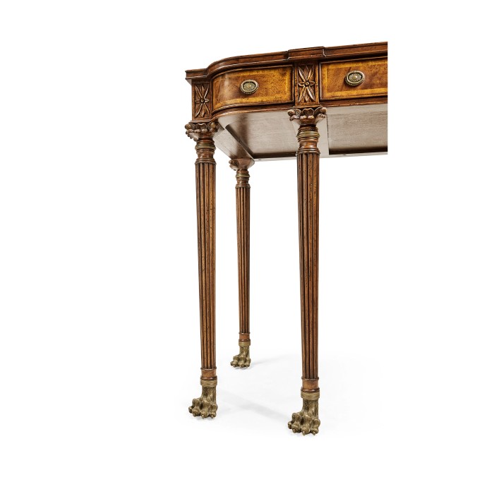Crotch walnut buffet or serving table with brass gallery