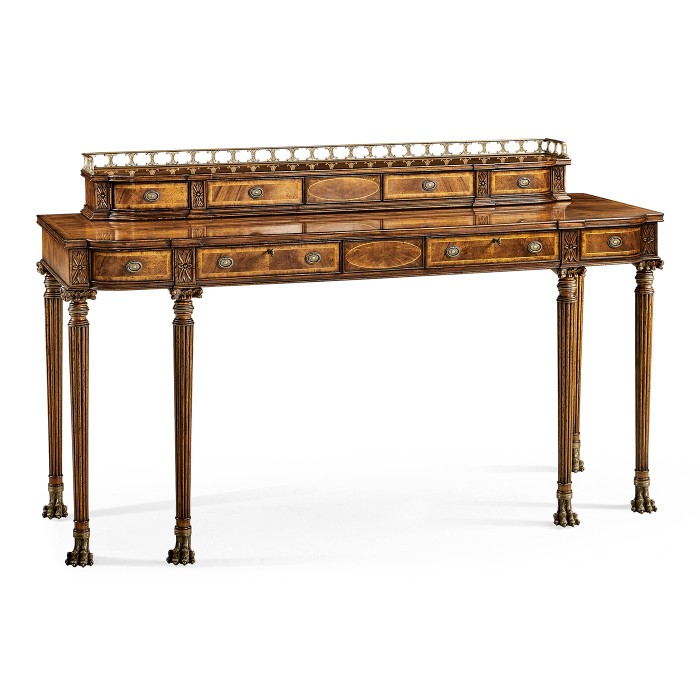 Crotch walnut buffet or serving table with brass gallery