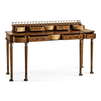 Crotch walnut buffet or serving table with brass gallery