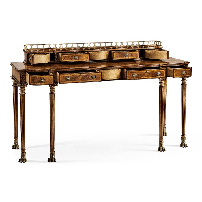 Crotch walnut buffet or serving table with brass gallery