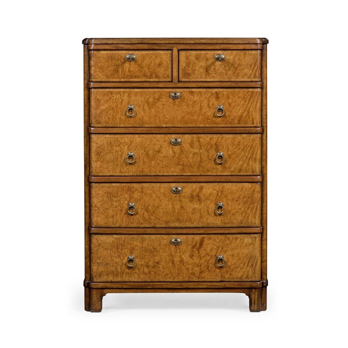 Bow front walnut chest of six drawers