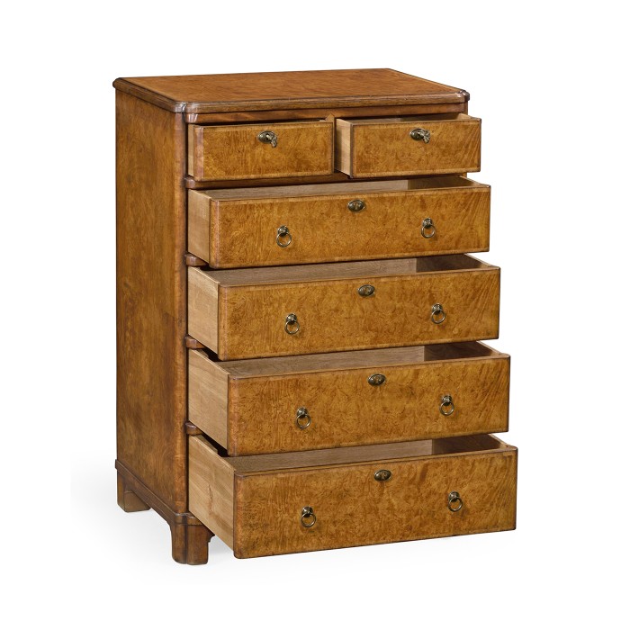 Bow front walnut chest of six drawers