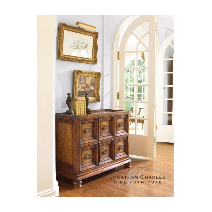 Distressed walnut six drawer chest with square brass handles
