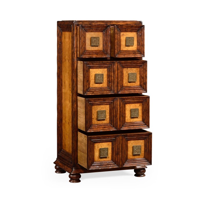 Distressed walnut tall 8-drawer chest (Square brass handles)