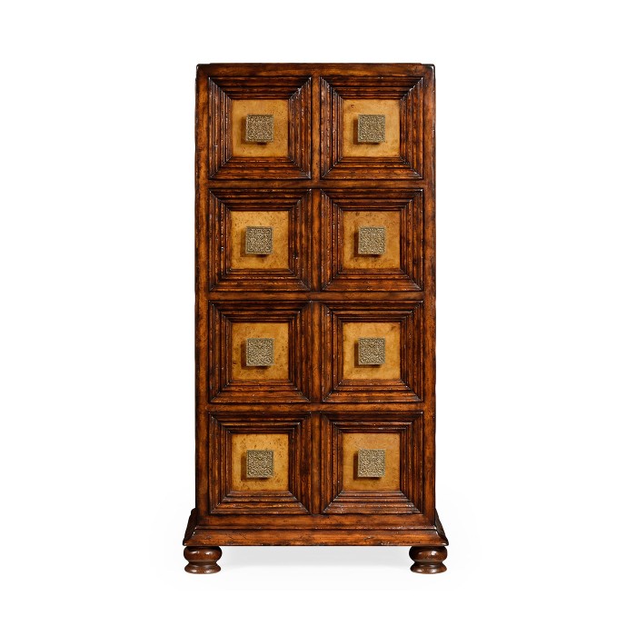 Distressed walnut tall 8-drawer chest (Square brass handles)