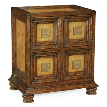 Distressed walnut bedside chest with square brass Handles