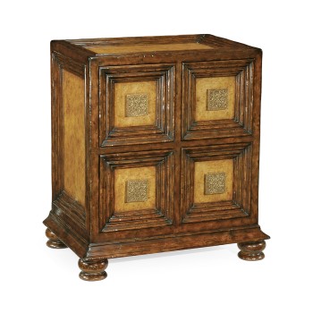 Distressed walnut bedside chest with square brass Handles
