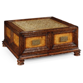 Walnut & Brass Square Coffee Table with Drawers
