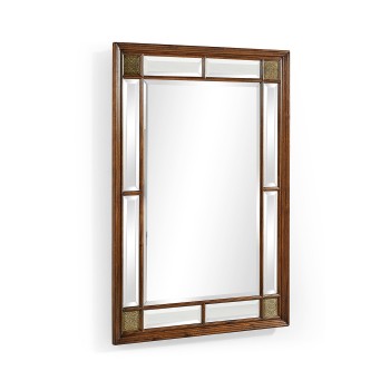 Rectangular Walnut Panelled Mirror with Brass Details