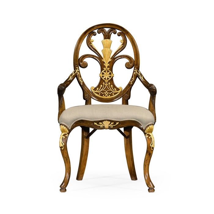Sheraton Style Walnut & Gilded Oval Back Arm Chair