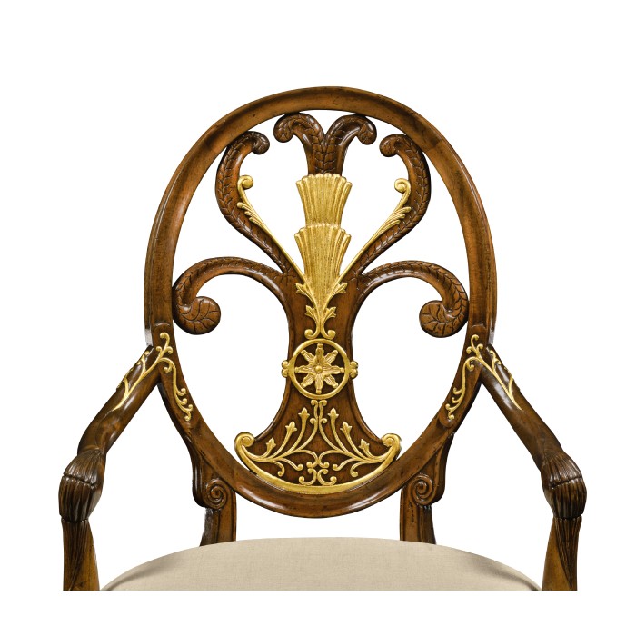 Sheraton Style Walnut & Gilded Oval Back Arm Chair
