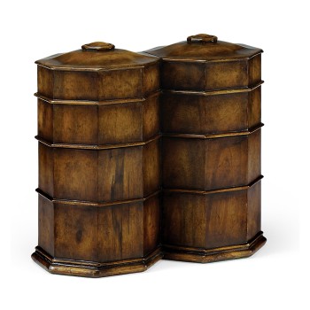 Pair of Glass Decanters in Conjoined Octagonal Walnut Cases