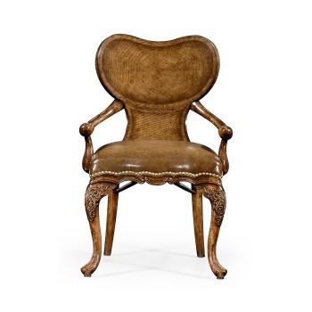 George I style walnut kidney desk chair with medium antique chestnut leather