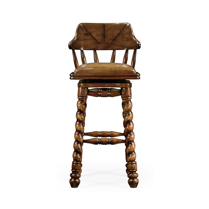 Country style walnut leather barstool with barley twist legs